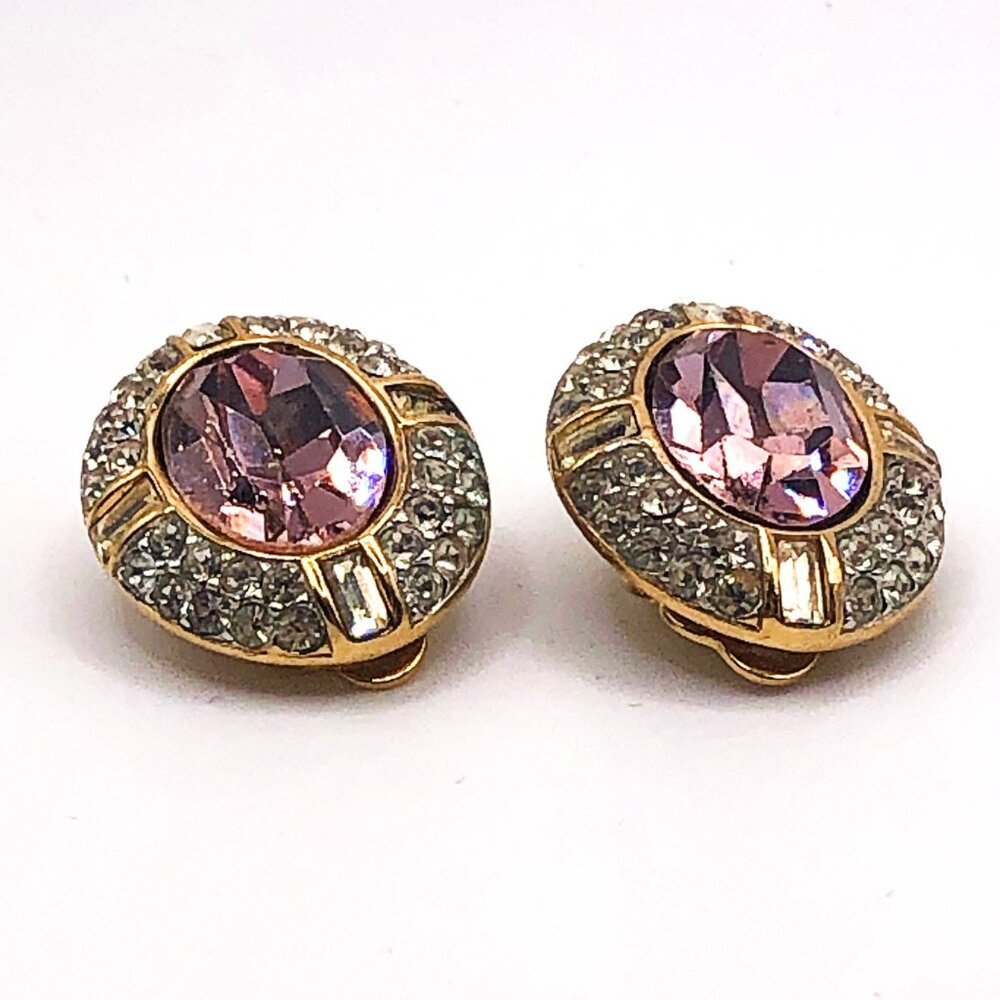 Givenchy Paris New York Pink Crystal Halo Clip-On Earrings Vintage - Picture 10 of 14